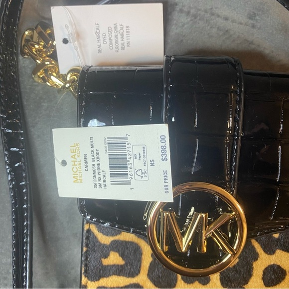 NWT Michael Kors Carmen Leopard Small NS Phone Crossbody Real Hair Calf - Picture 12 of 15